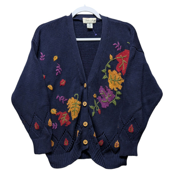 90s Hunters Glen Knit Fall Leaves Grany Cardigan Sweater - Picture 1 of 6